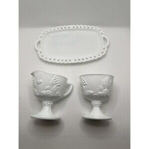 VTG Indiana Glass Colony Harvest Grape Milk Glass Pedestal Creamer Sugar & tray